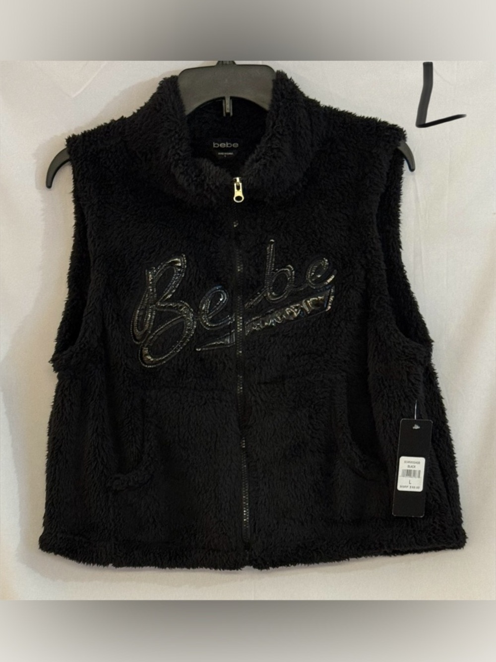 bebe Black Plush Sherpa Vest with Logo